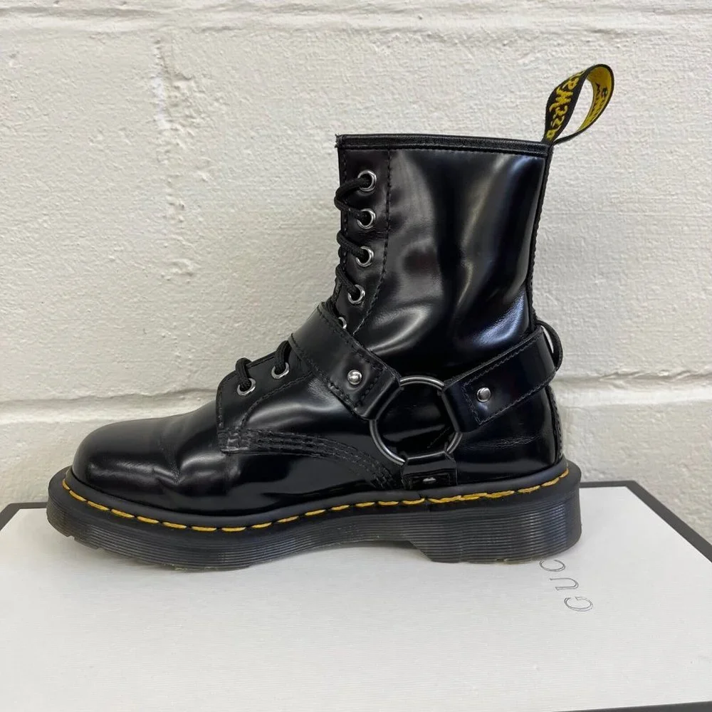Dr. Martens 1460 Harness‎ Patent Black Leather Boots Men's Size 5/Womens US 6